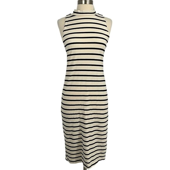 Monrow Dresses & Skirts - Monrow Size M Striped Midi Dress White Black Sleeveless Mock Neck Knee Length